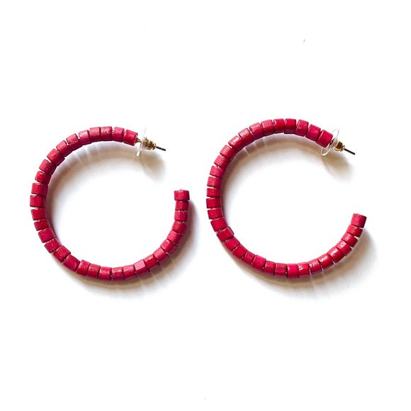 Red Beaded Hoop Earrings - Picture 2 of 3